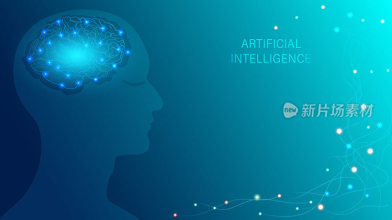 Artificial intelligence in humanoid head with neural network thinks. AI with digital brain is learning processing big data, analysis information. Face of technology background concept. vector illustration.